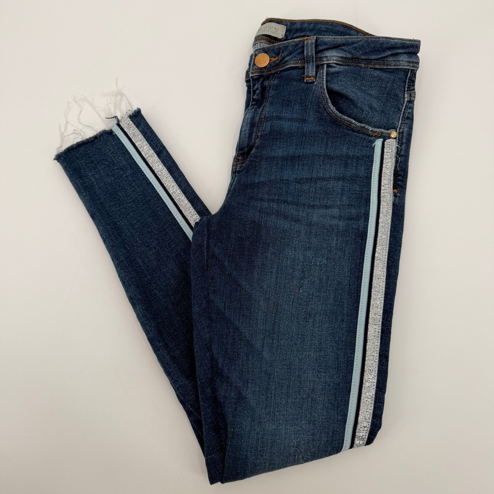 Zara Basic Z1975 Denim Skinny Jeans Dark Wash Glitter Side Stripe Distressed 8